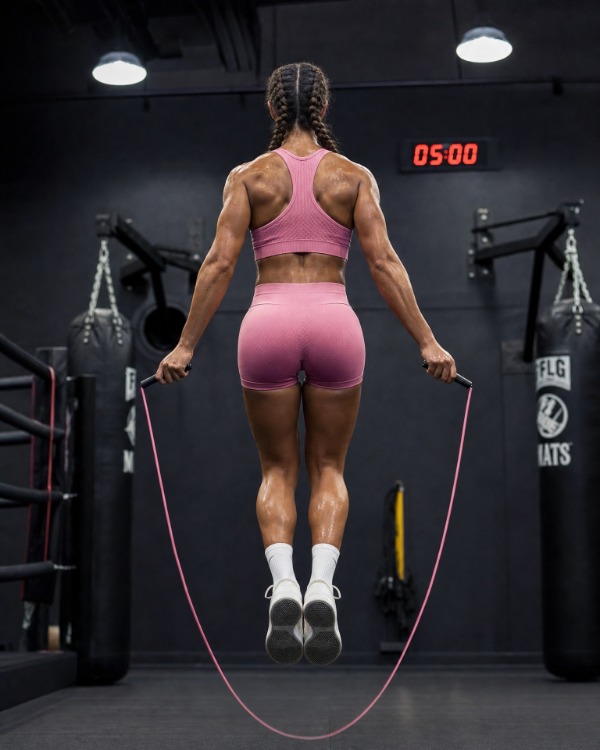Rear view of muscular female athlete jumping rope in boxing